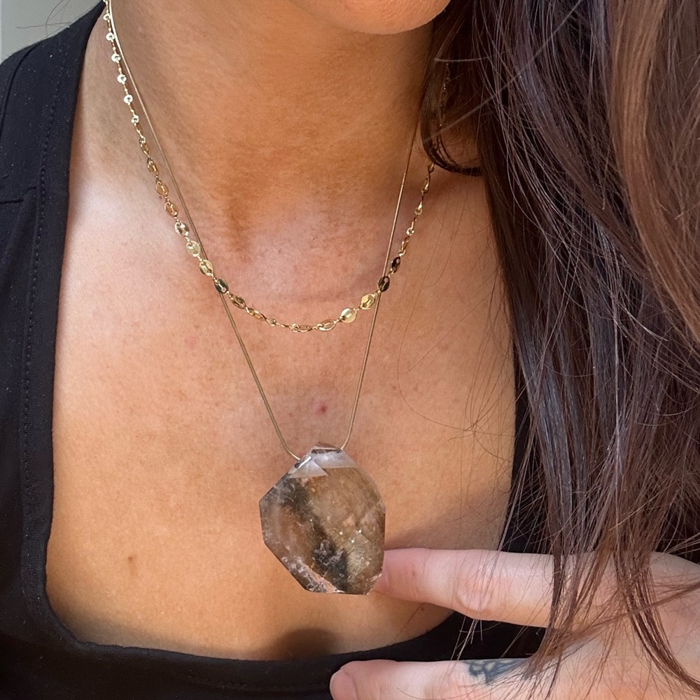 Golden Lodolite Quartz Necklace Stone and leather cord necklace